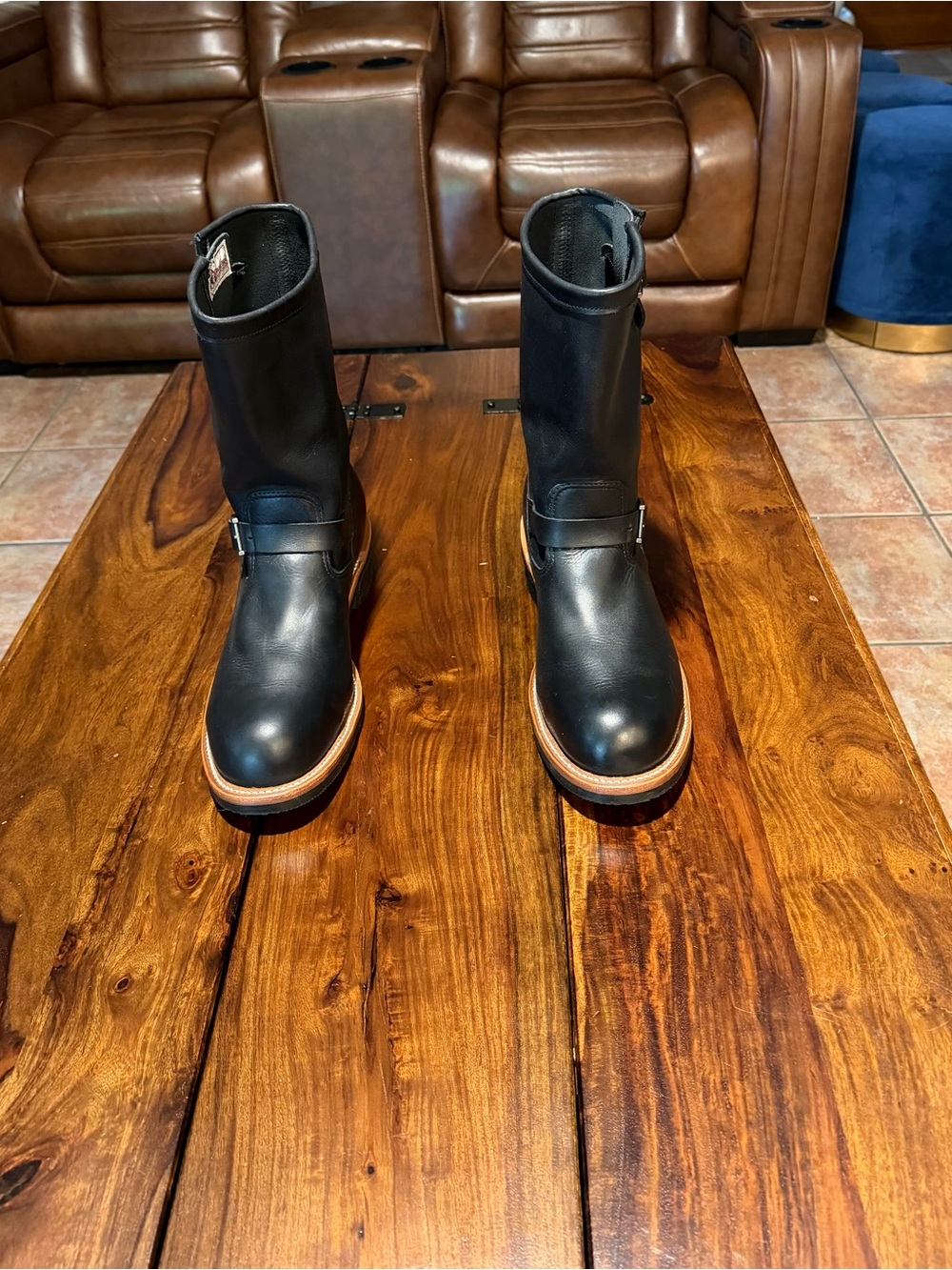 Chippewa Black Leather Engineer Boots with Tan Welt